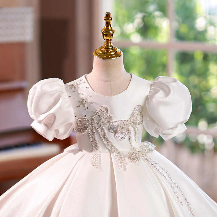 Robe de Demoiselle D'Honneur pour Bébé, Coupe A-Line/Princesse, Manches Courtes, Longueur Genou, avec Perles et Nœud
