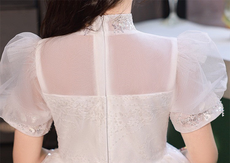 Robe de Demoiselle D'Honneur en Dentelle à Manches Courtes et Col Haut, Coupe A-Line/Princesse, avec Appliques en Cristal