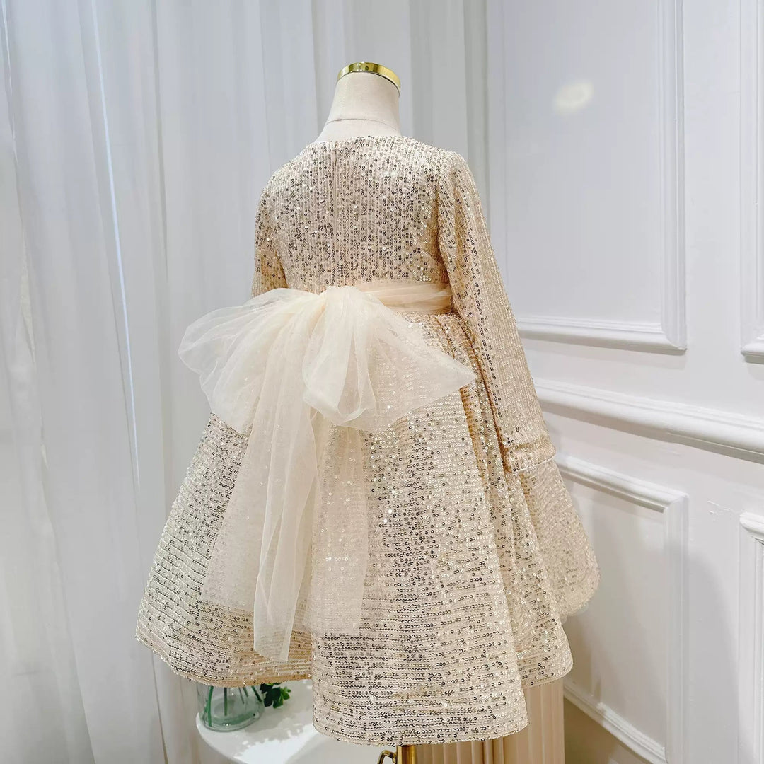 Robe de Soirée à Paillettes à Col Rond et Manches Longues avec Ceinture pour Fille