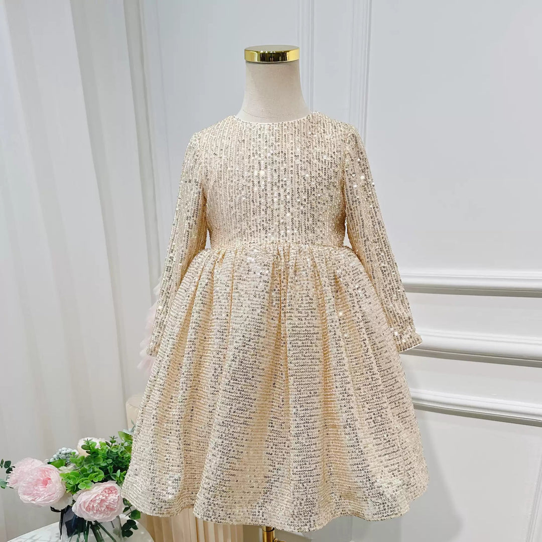 Robe de Soirée à Paillettes à Col Rond et Manches Longues avec Ceinture pour Fille