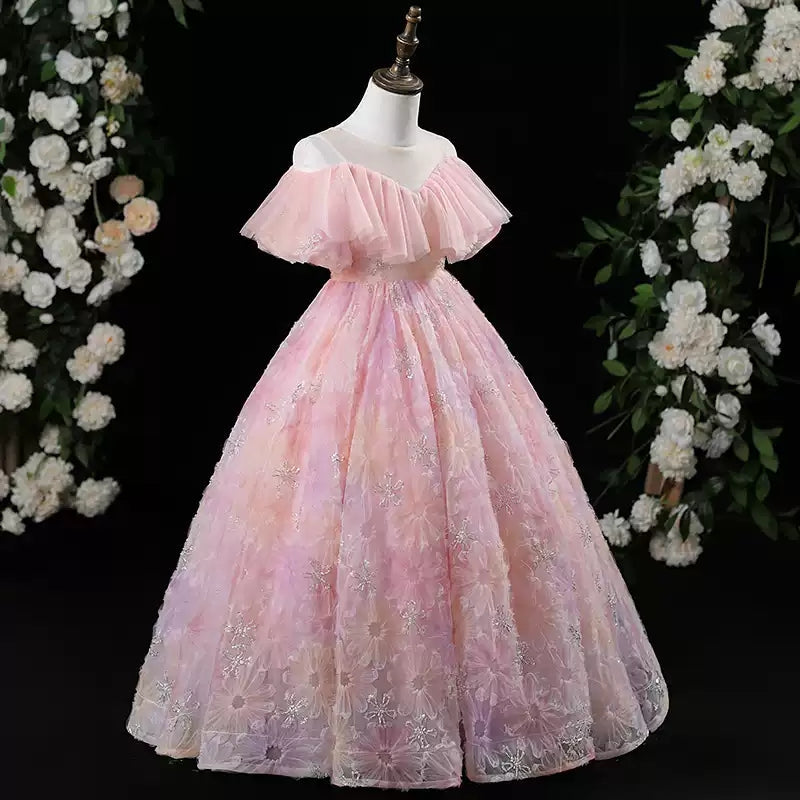 Robe de Soirée A-Line/Princess à Épaules Dénudées et Longueur Au Sol pour Fille avec Fleurs