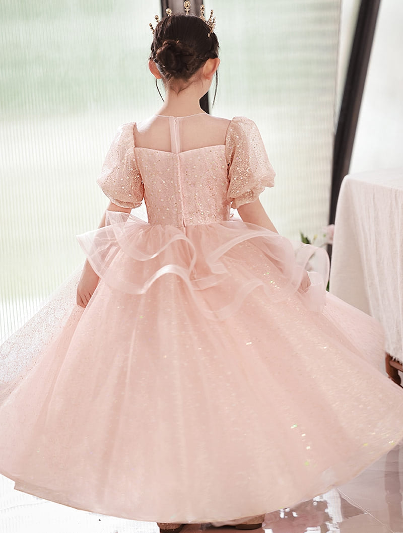 Robe de Soirée A-Line/Princess à Col Rond et Manches Courtes pour Fille avec Appliques en Cristal