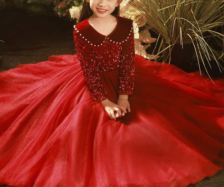 Robe de Soirée Princesse à Manches Longues et Revers Perlés pour Fille avec Cristaux