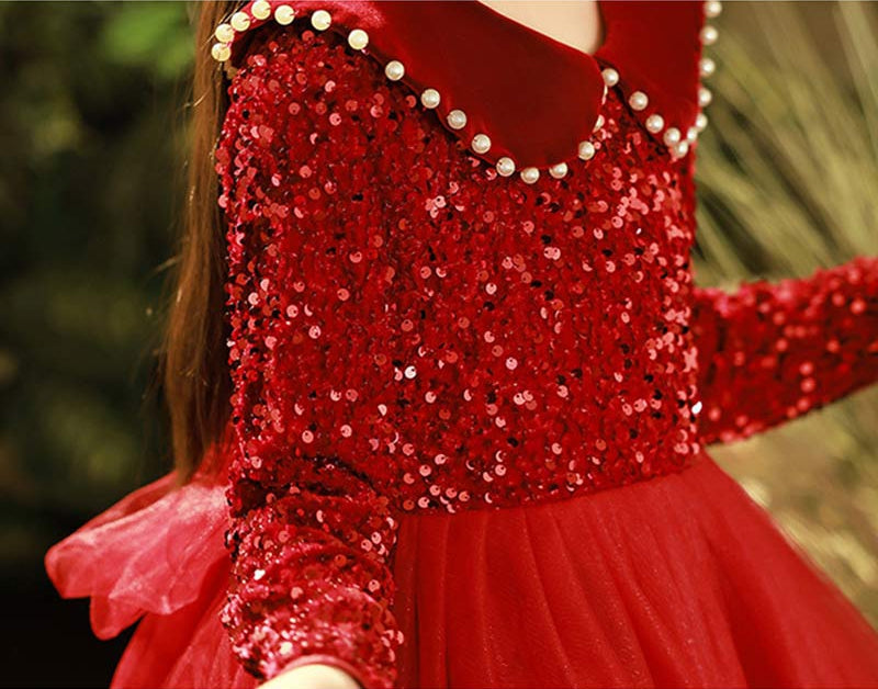 Robe de Soirée Princesse à Manches Longues et Revers Perlés pour Fille avec Cristaux