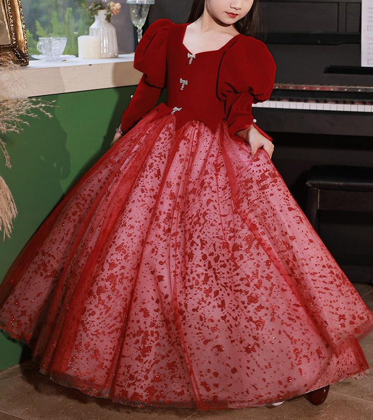 Robe de Soirée Rouge pour Fille, Coupe A-Line/Princess, Col en V, Manches Longues, Longueur Au Sol