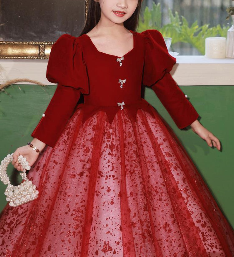 Robe de Soirée Rouge pour Fille, Coupe A-Line/Princess, Col en V, Manches Longues, Longueur Au Sol