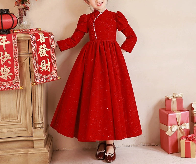 Robe de Soirée Rouge à Col Haut et Manches Longues pour Fille, Longueur Au Sol, avec Perles
