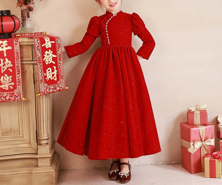 Robe de Soirée Rouge à Col Haut et Manches Longues pour Fille, Longueur Au Sol, avec Perles