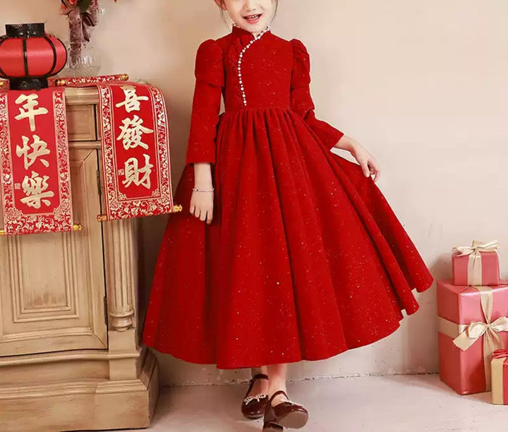 Robe de Soirée Rouge à Col Haut et Manches Longues pour Fille, Longueur Au Sol, avec Perles