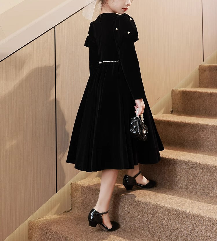Robe de Soirée Noire à Manches Longues et Col Rond pour Fille avec Ceinture à Perles