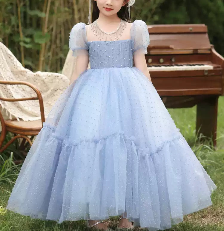 Robe de Soirée Longue à Col Rond et Manches Courtes pour Fille avec Perles