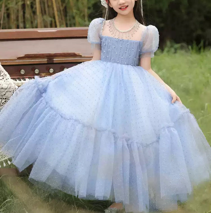 Robe de Soirée Longue à Col Rond et Manches Courtes pour Fille avec Perles