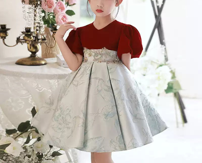 Robe de Soirée Brodée à Manches Courtes et Col en V pour Fille avec Appliques