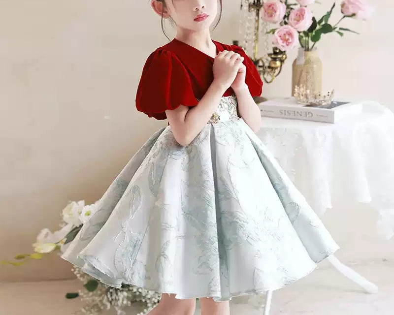 Robe de Soirée Brodée à Manches Courtes et Col en V pour Fille avec Appliques