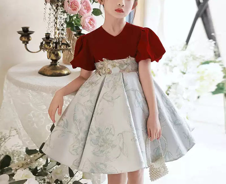 Robe de Soirée Brodée à Manches Courtes et Col en V pour Fille avec Appliques