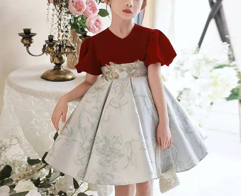 Robe de Soirée Brodée à Manches Courtes et Col en V pour Fille avec Appliques