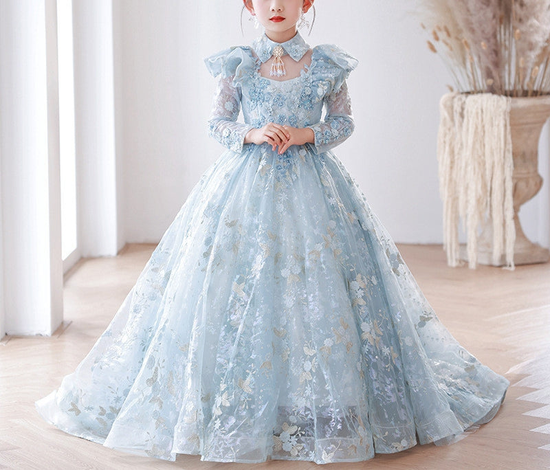 Robe de Soirée en Dentelle à Manches Longues pour Fille, Coupe A-Line/Princess, avec Appliques et Traîne