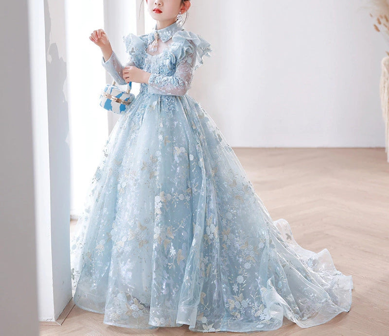 Robe de Soirée en Dentelle à Manches Longues pour Fille, Coupe A-Line/Princess, avec Appliques et Traîne
