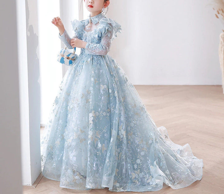Robe de Soirée en Dentelle à Manches Longues pour Fille, Coupe A-Line/Princess, avec Appliques et Traîne