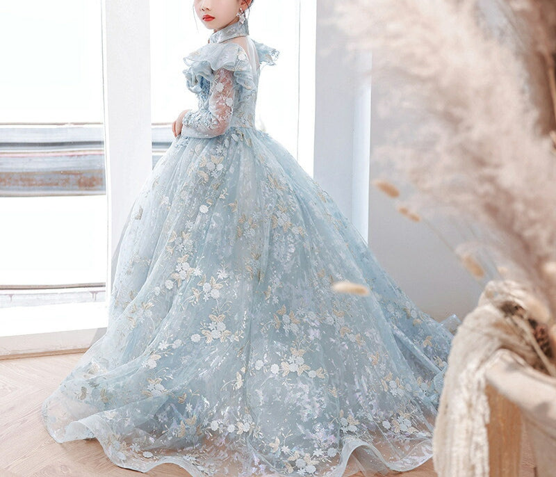 Robe de Soirée en Dentelle à Manches Longues pour Fille, Coupe A-Line/Princess, avec Appliques et Traîne