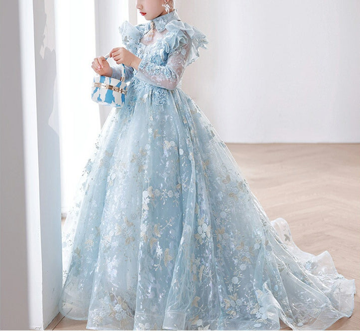 Robe de Soirée en Dentelle à Manches Longues pour Fille, Coupe A-Line/Princess, avec Appliques et Traîne