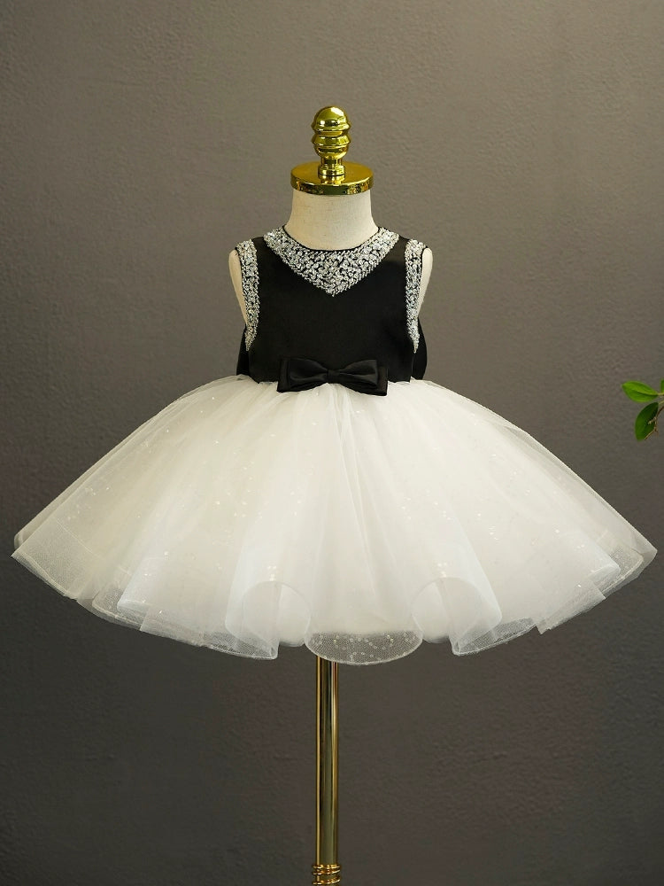 Robe de Bal Sans Manches Longueur Genou pour Bébé Fille avec Nœud et Strass