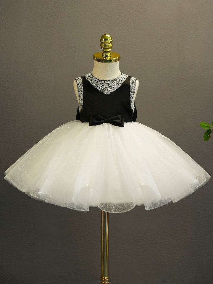 Robe de Bal Sans Manches Longueur Genou pour Bébé Fille avec Nœud et Strass