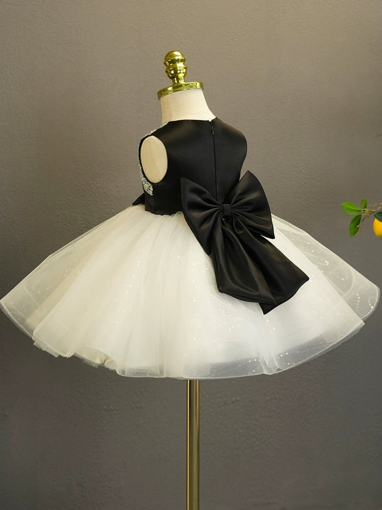 Robe de Bal Sans Manches Longueur Genou pour Bébé Fille avec Nœud et Strass
