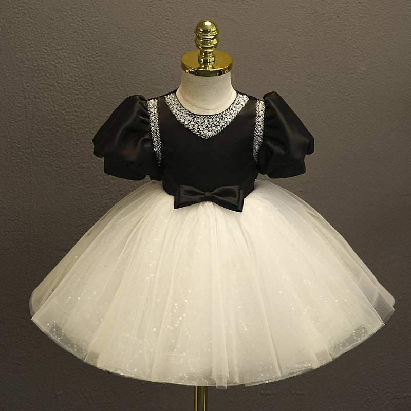 Robe de Bal à Manches Courtes et Longueur Genou pour Bébé Fille avec Nœud et Strass