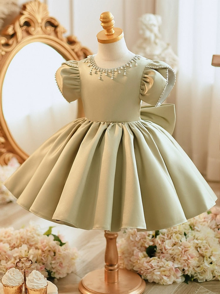 Robe de Soirée pour Bébé Fille à Col Rond et Manches Courtes, Longueur Genou, avec Nœud