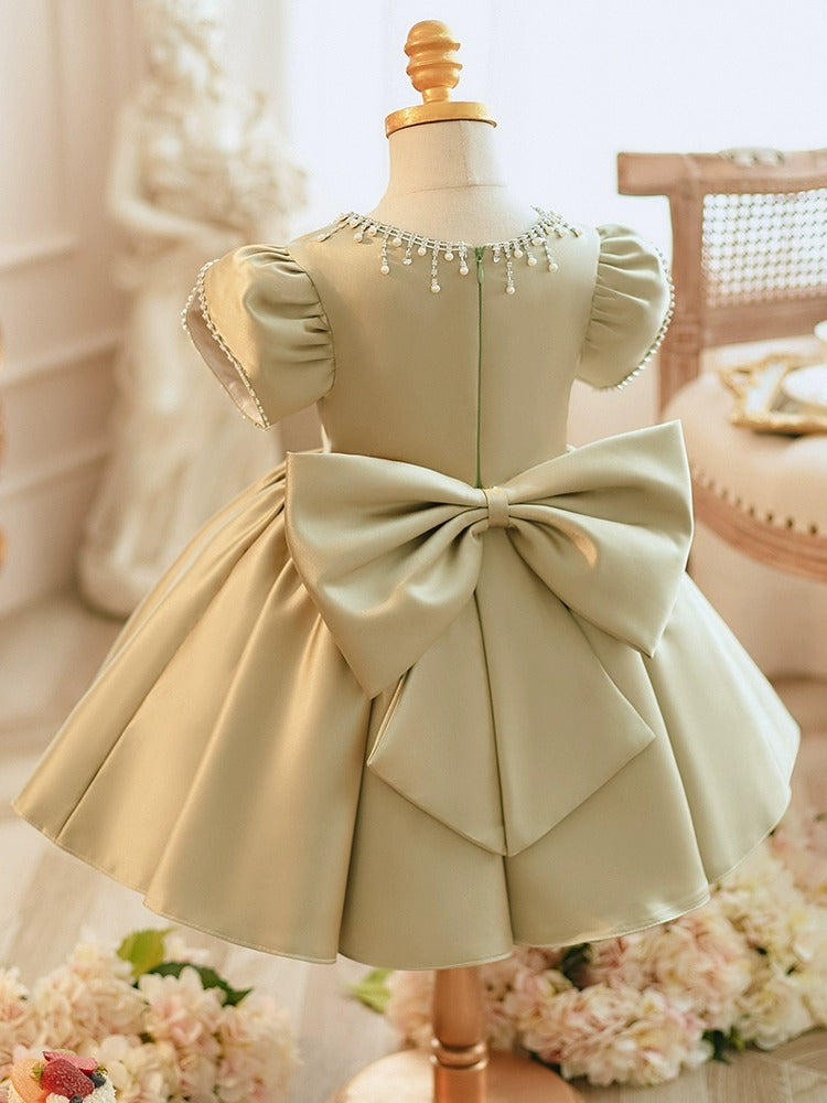 Robe de Soirée pour Bébé Fille à Col Rond et Manches Courtes, Longueur Genou, avec Nœud