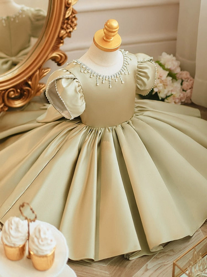 Robe de Soirée pour Bébé Fille à Col Rond et Manches Courtes, Longueur Genou, avec Nœud