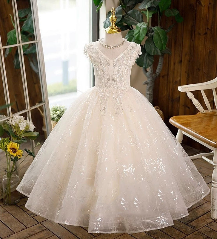 Robe de Bal Sans Manches en Dentelle pour Fille avec Appliques en Strass