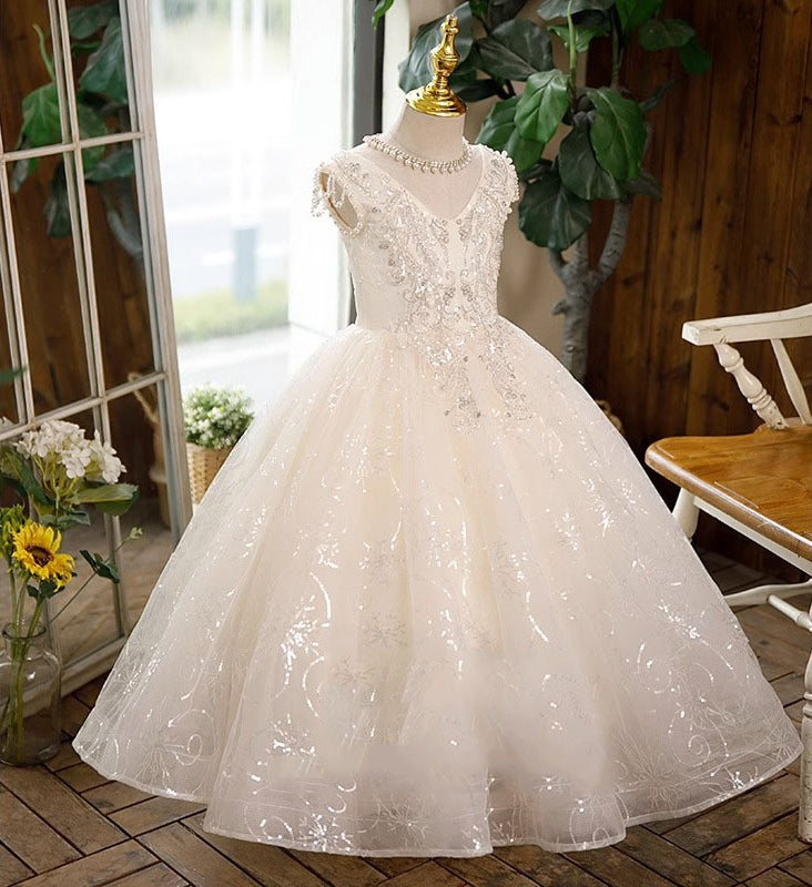 Robe de Bal Sans Manches en Dentelle pour Fille avec Appliques en Strass