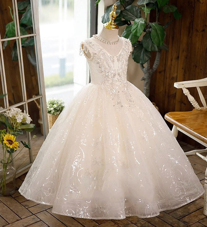 Robe de Bal Sans Manches en Dentelle pour Fille avec Appliques en Strass