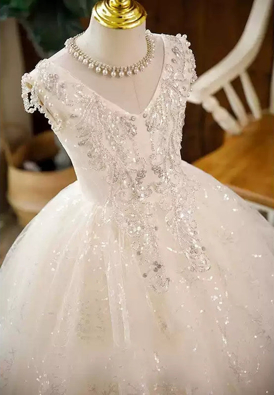 Robe de Bal Sans Manches en Dentelle pour Fille avec Appliques en Strass
