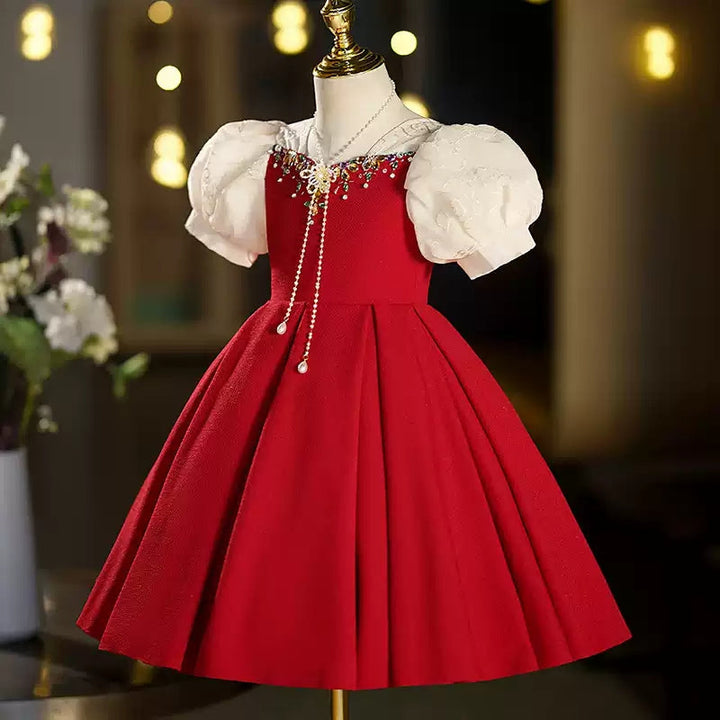 Robe de Soirée Rouge à Manches Courtes et Longueur Thé pour Fille avec Strass