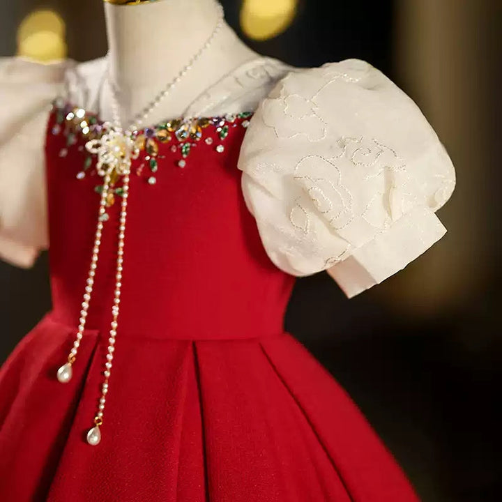 Robe de Soirée Rouge à Manches Courtes et Longueur Thé pour Fille avec Strass