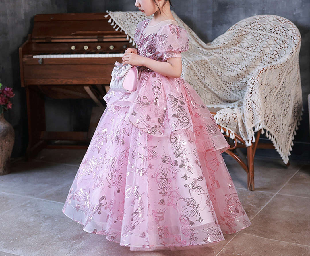 Robe de Bal à Manches Courtes pour Fille de Fleur avec Appliques en Strass