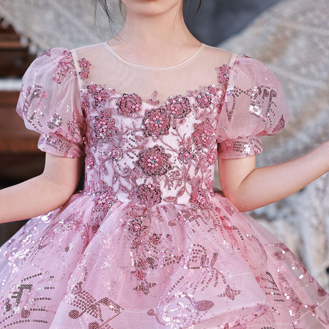 Robe de Bal à Manches Courtes pour Fille de Fleur avec Appliques en Strass