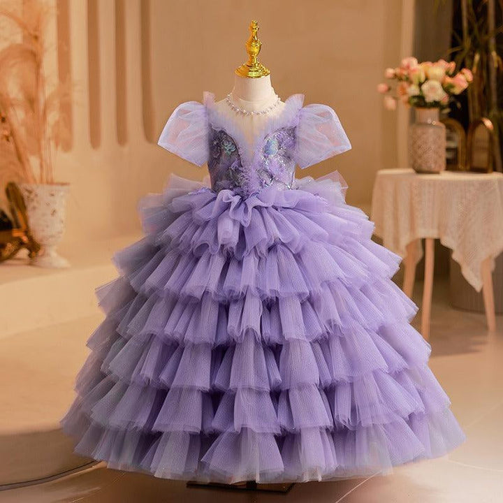 Robe de Soirée en Tulle Multicouche à Manches Courtes pour Fille avec Appliques