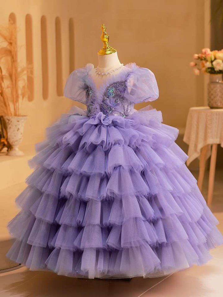 Robe de Soirée en Tulle Multicouche à Manches Courtes pour Fille avec Appliques