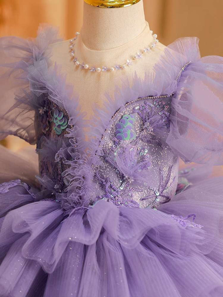Robe de Soirée en Tulle Multicouche à Manches Courtes pour Fille avec Appliques