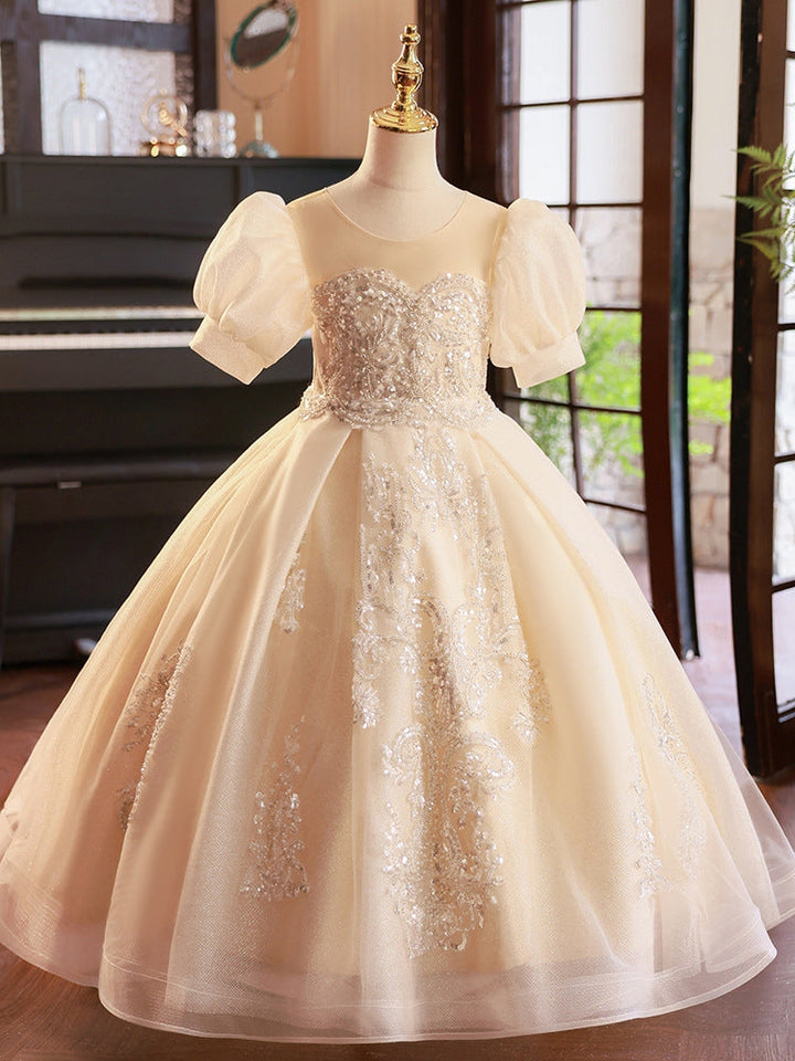 Robe de Bal à Manches Courtes pour Fille de Fleur avec Appliques en Strass