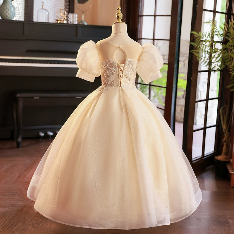 Robe de Bal à Manches Courtes pour Fille de Fleur avec Appliques en Strass