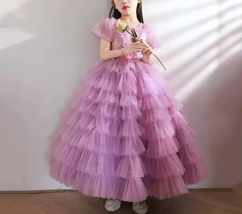 Robe de Soirée à Manches Courtes pour Fille avec Appliques en Strass