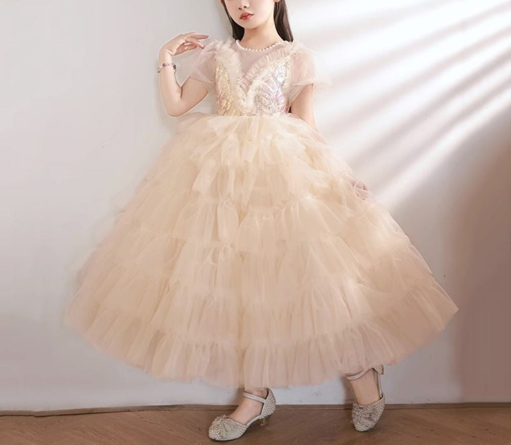 Robe de Soirée à Manches Courtes pour Fille avec Appliques en Strass