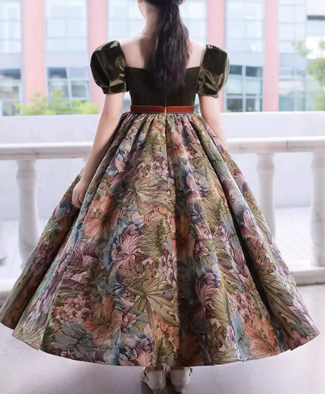 Robe de Soirée à Fleurs pour Fille, Col Rond, Manches Courtes, Longueur Cheville, avec Ceinture