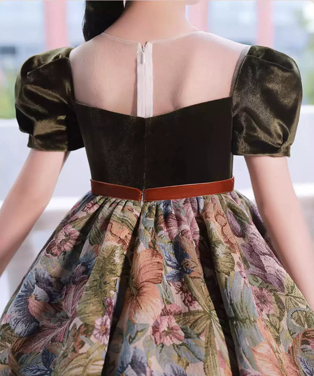 Robe de Soirée à Fleurs pour Fille, Col Rond, Manches Courtes, Longueur Cheville, avec Ceinture