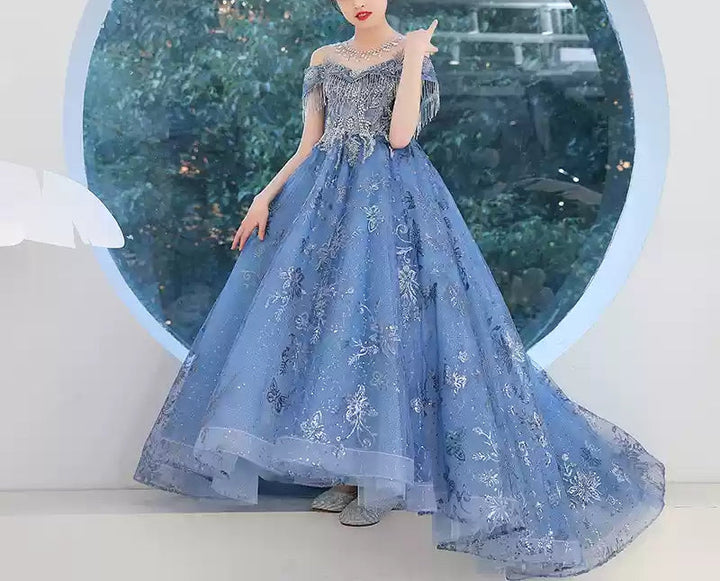 Robe de Soirée A-Line/Princess à Épaules Dénudées pour Fille avec Appliques en Cristal et Traîne
